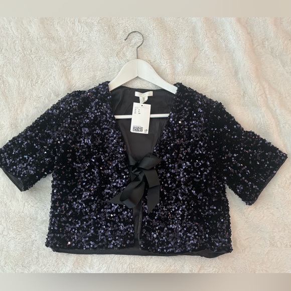 H&M Tie-Front Sequined Jacket Navy Blue with Bow S,M,L Holiday - Picture 8 of 8